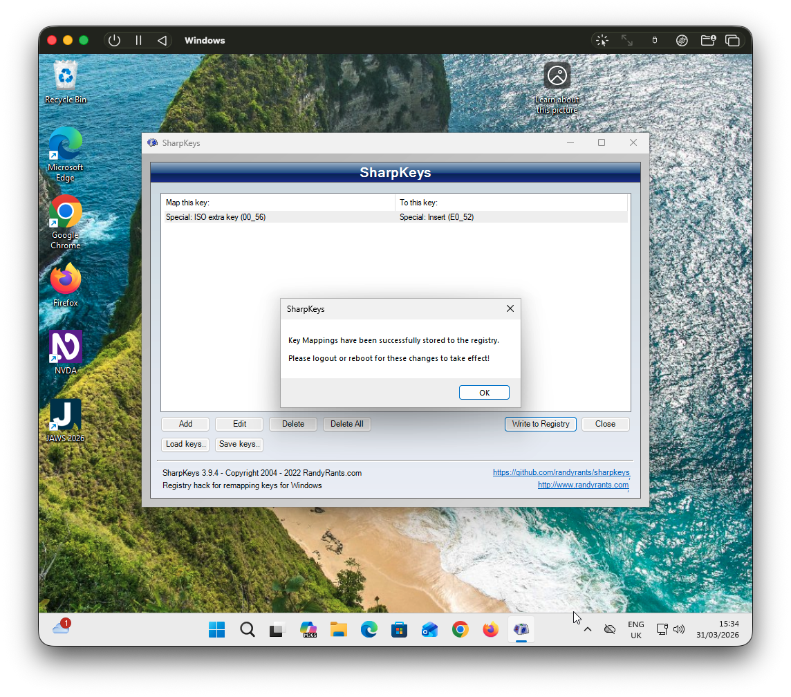 Screenshot of SharpKeys showing a remapped insert key
