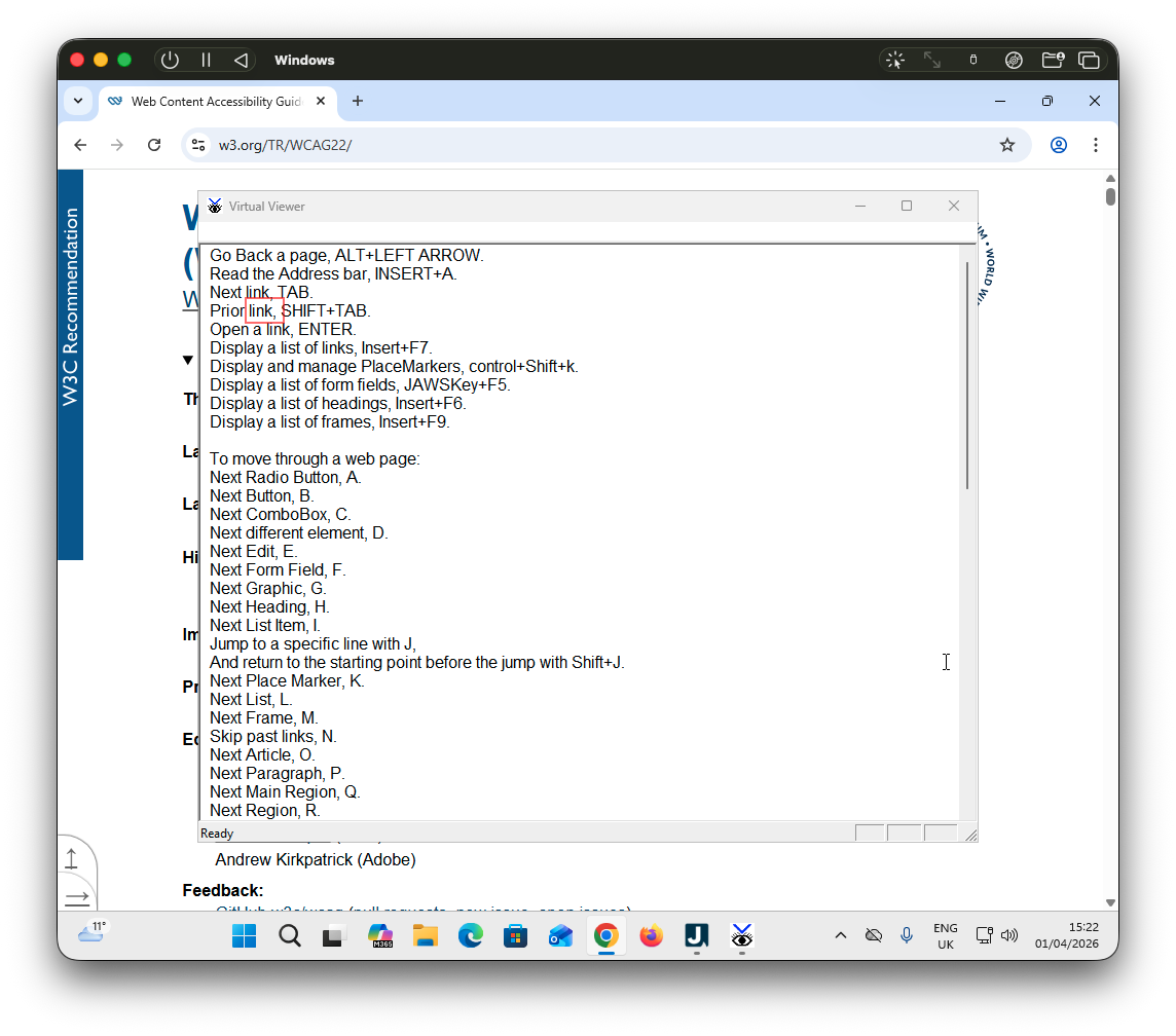 Screenshot of the JAWS speech viewer showing lines of previous speech output