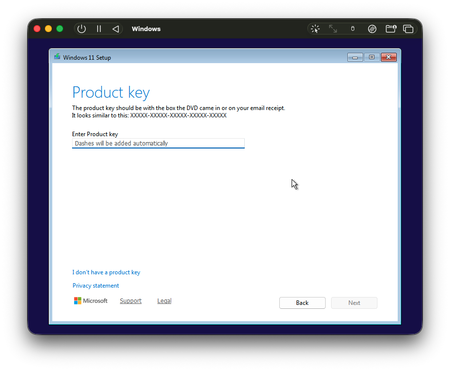 Screenshot of windows installer showing the enter product key page