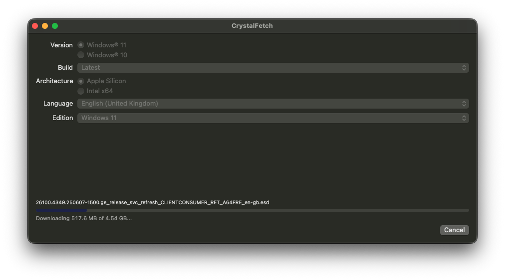 Screenshot of Crystal Fetch UI showing Windows 11 download 