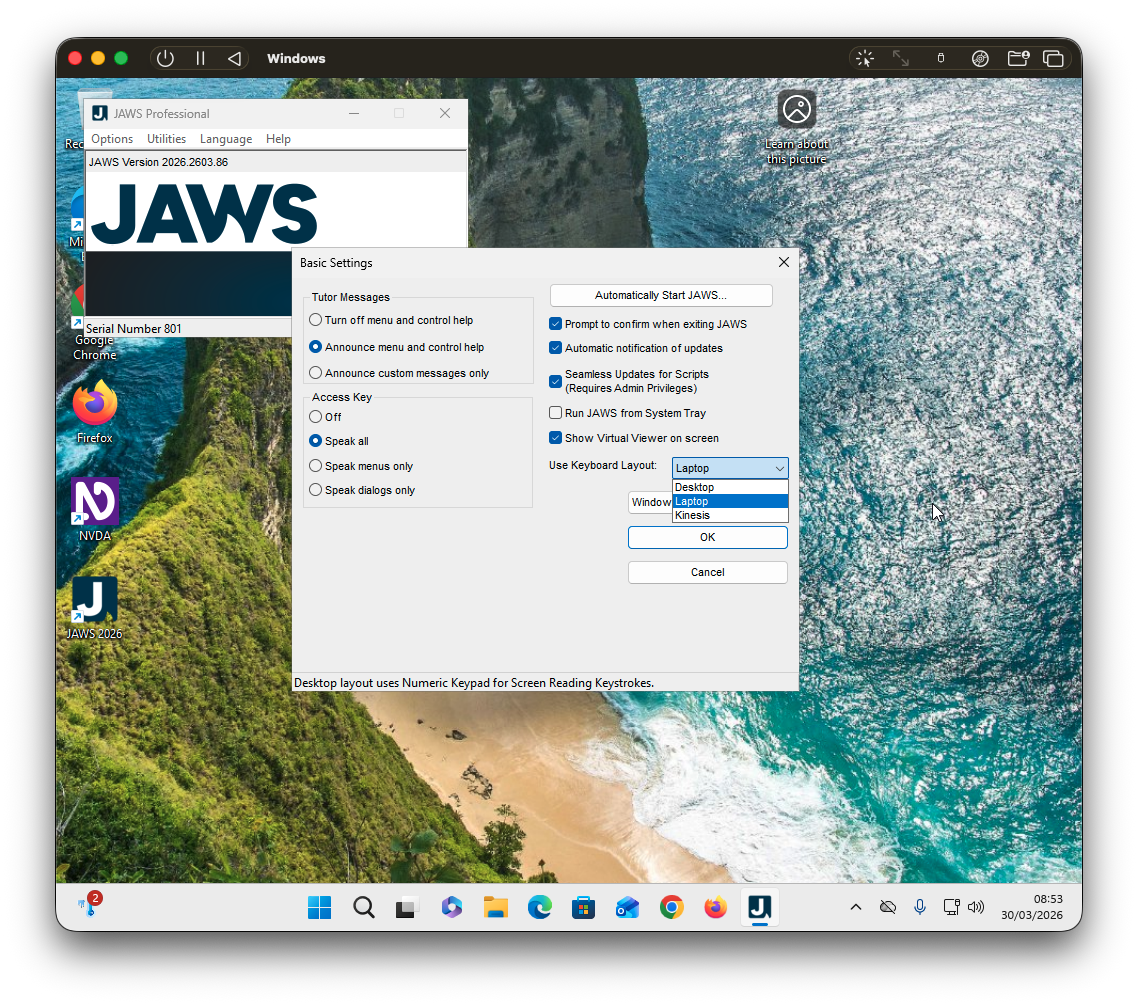 Screenshot showing JAWS keyboard layout set to laptop