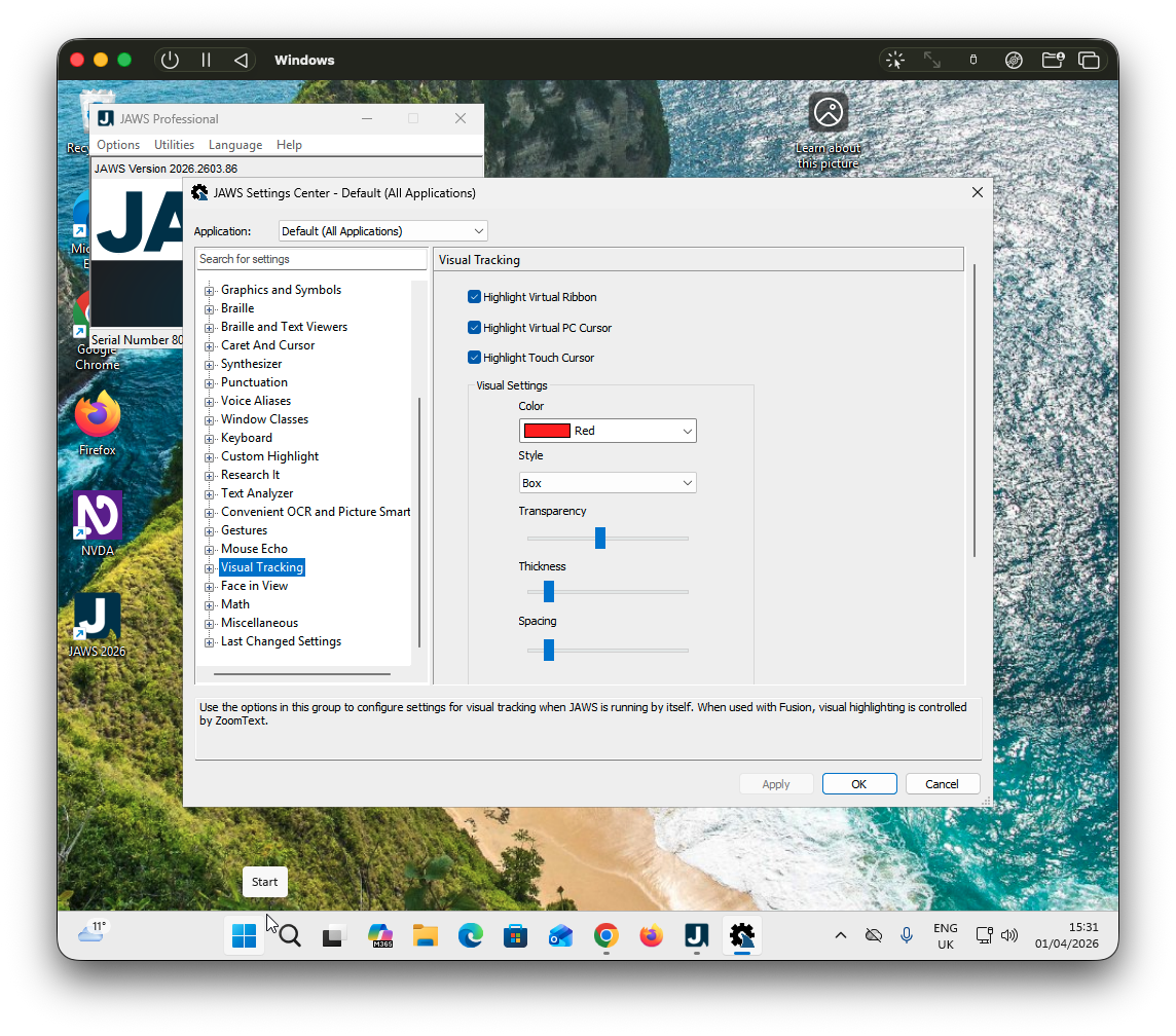 Screenshot of the JAWS showing the visual highlight