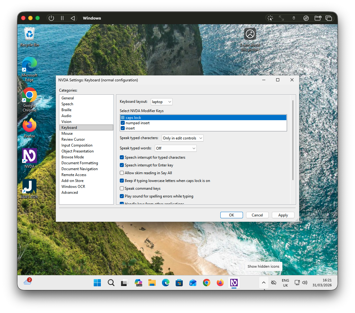 Screenshot showing NVDA keyboard layout set to laptop