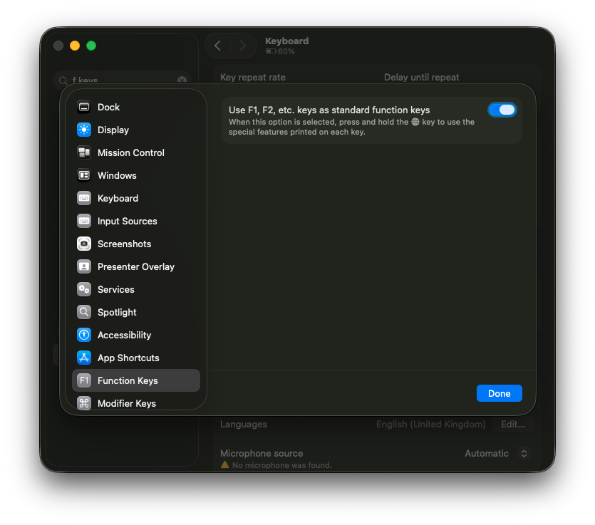 Screenshot the macOS function key settings with use F keys as standard function keys enabled