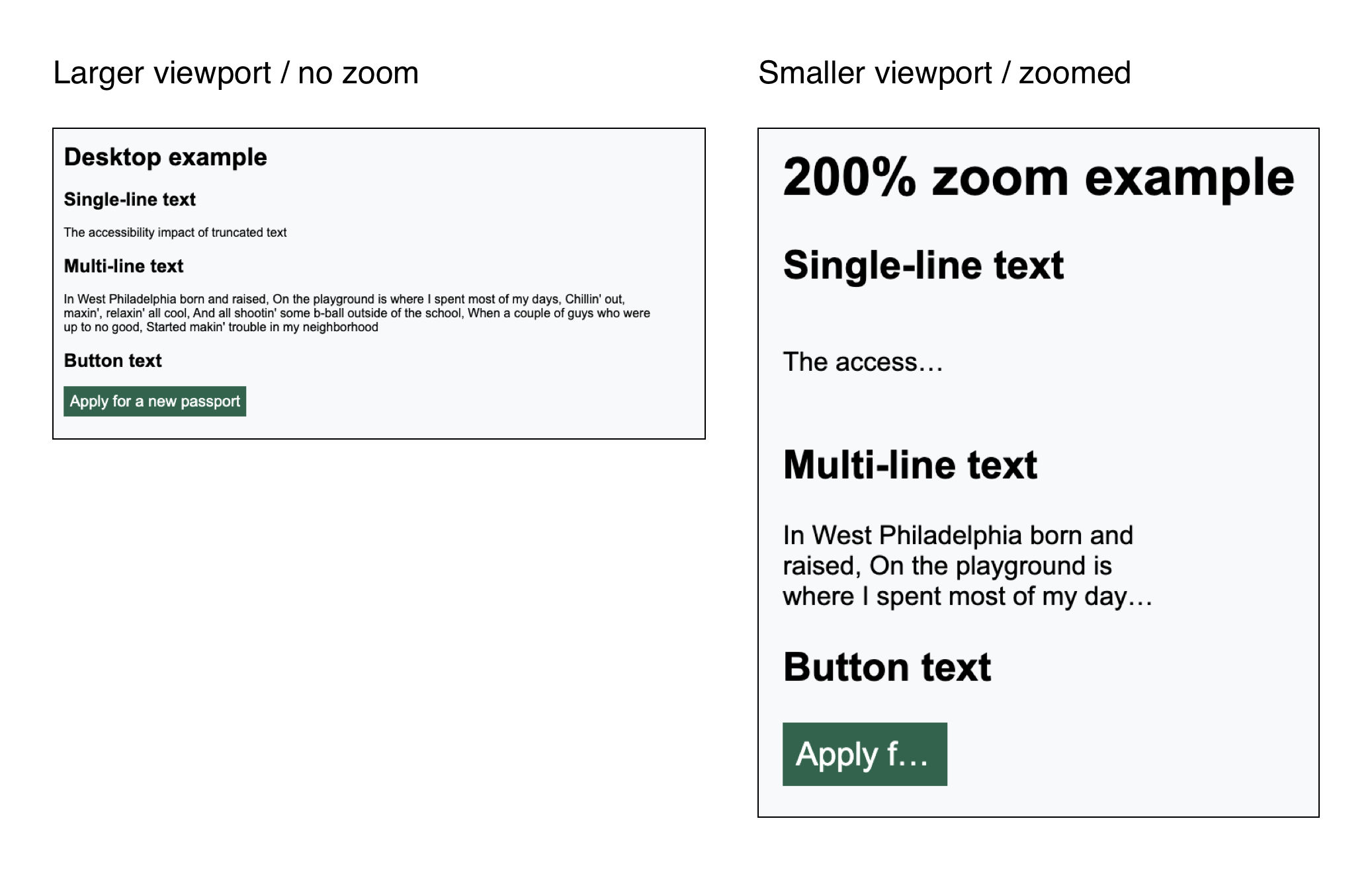 An example of the Codepen content not truncated on a larger screen vs truncation triggered by media queires on a smaller screen or when a larger screen is zoomed triggering CSS media queires which add truncation. The single line and multiple line text examples as well as the button text is truncated.