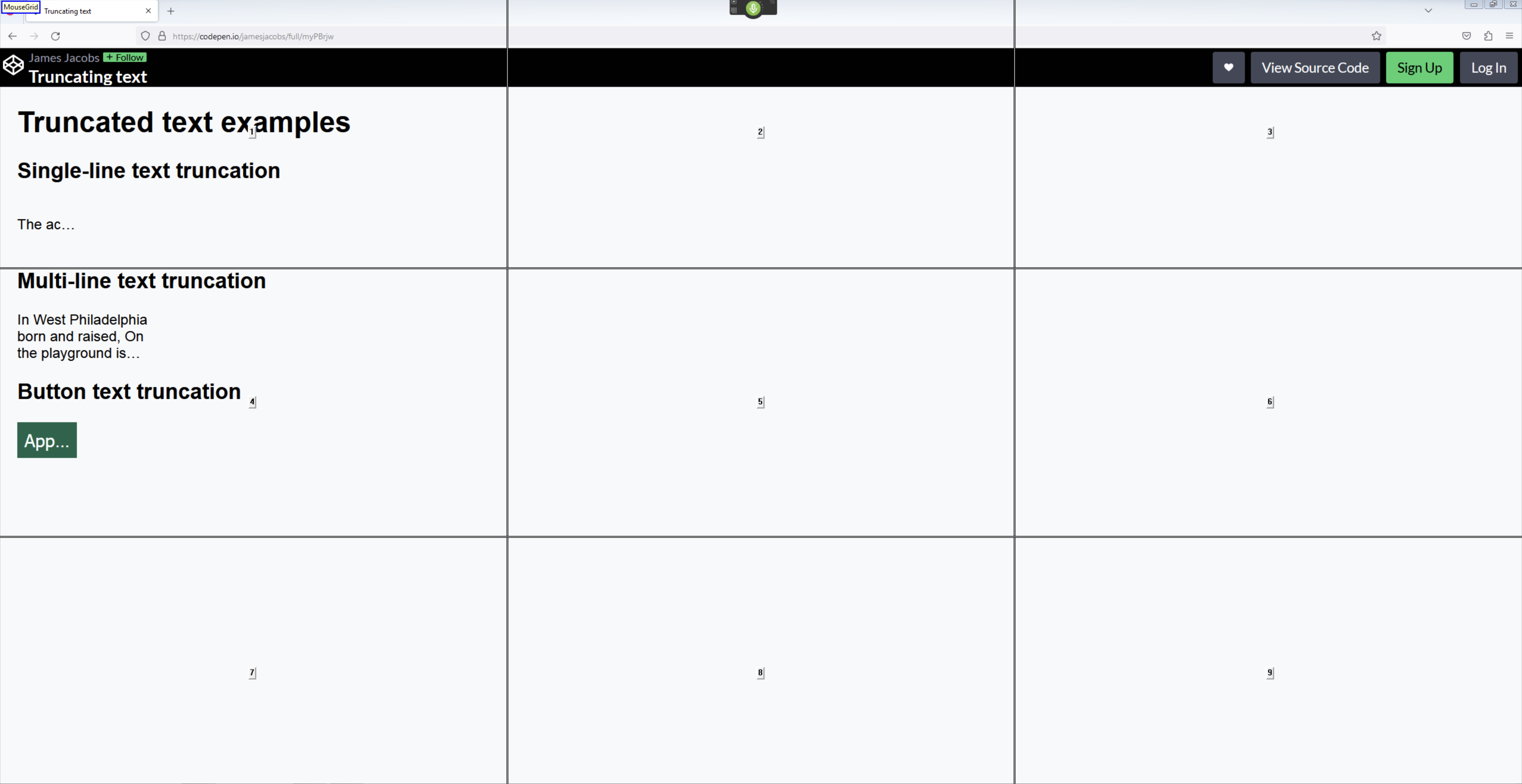 Screenshot of the demo codepen with the Dragon mouse grid activated which overlays a numbered grid, with 9 areas over the page
