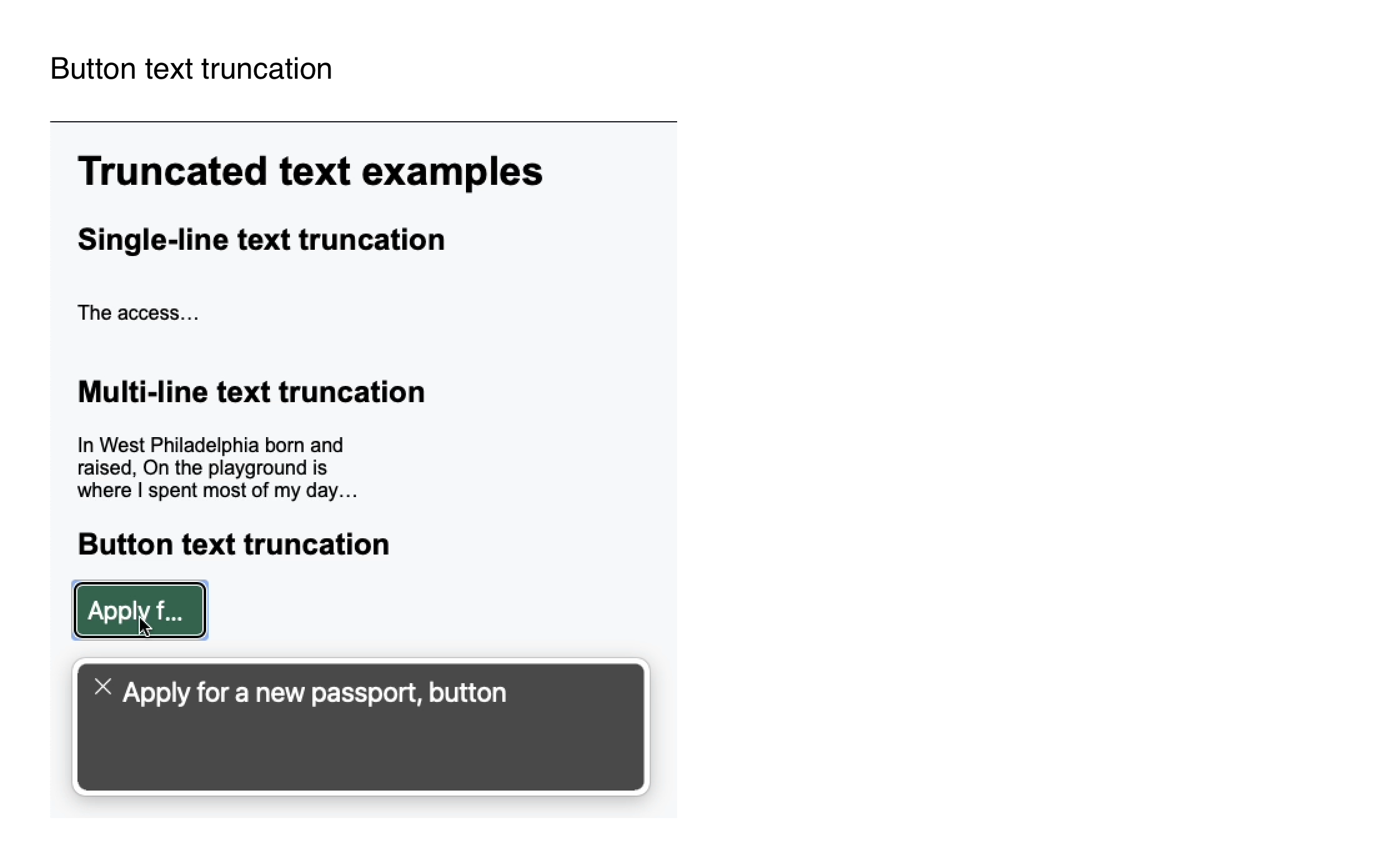 A screenshot showing the voiceover screen reader output for the button with truncated text in the codepen - voiceover reads out the full untruncated text