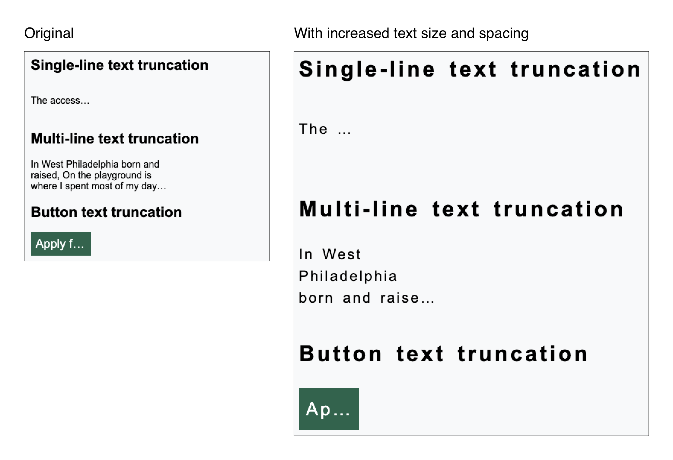 A comparison of the original text from the codepen and how the text appears after an increase to the text size and text spacing