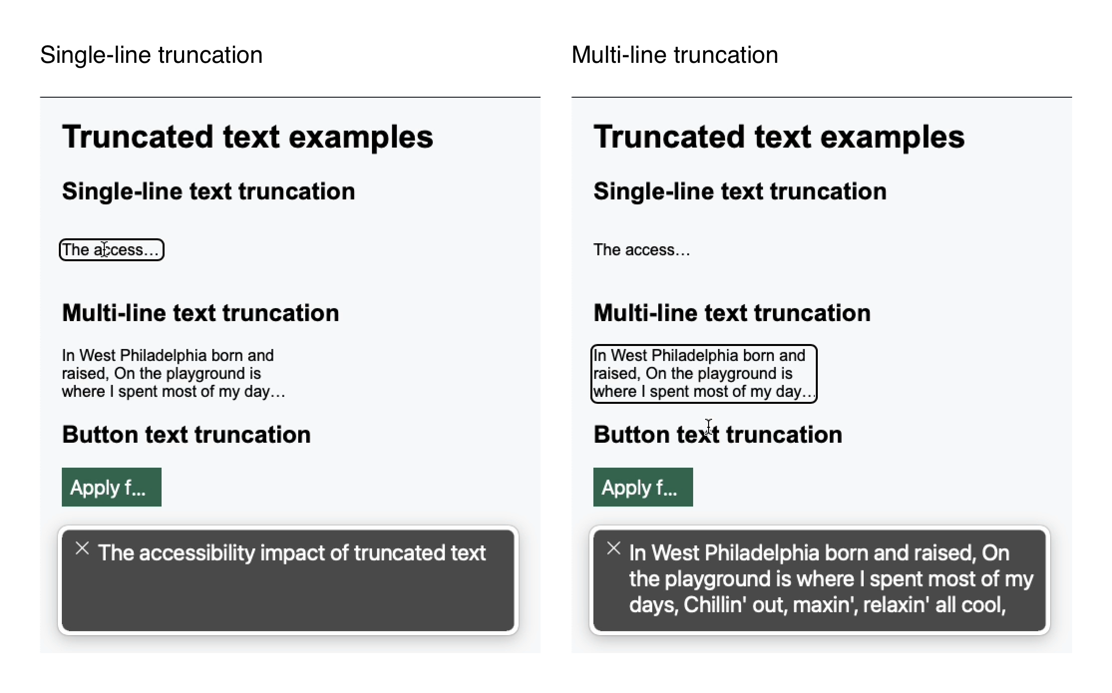Screenshots showing the voiceover screen reader output for both the single line and multiple line truncation examples in the codepen - in both examples voiceover reads the full untruncated text