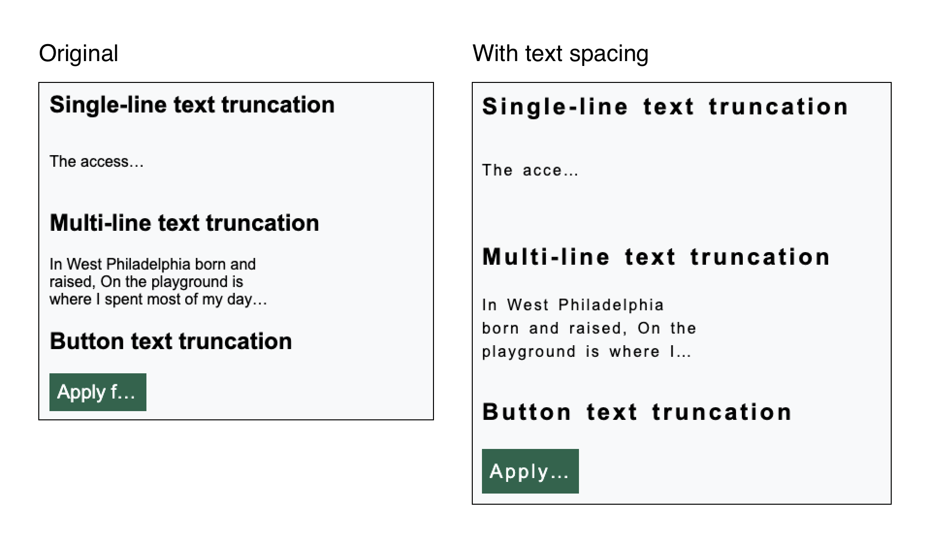 A comparison of the original text from the codepen and how the text appears after increase the line height, paragraph spacing, letter spacing and word spacing that WCAG 1.4.12 Text Spacing requires