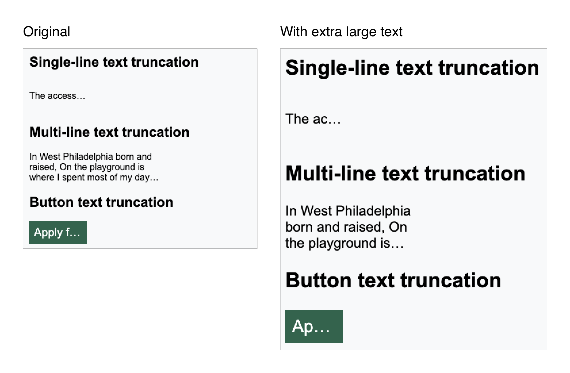 A comparison of the original text from the codepen and how the text appears after increase the default browser font size to extra large. More of the truncated text is cut off, resulting in less readable text